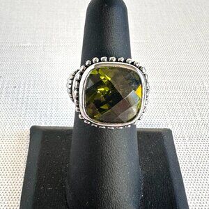 Men’s Pinky Ring, Green Glass Statement Ring, Silver Tone Stainless Steel